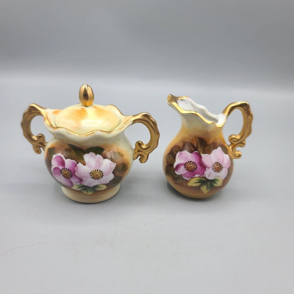 Vintage Enesco Mini Roses Creamer and Sugar with Lid Set
